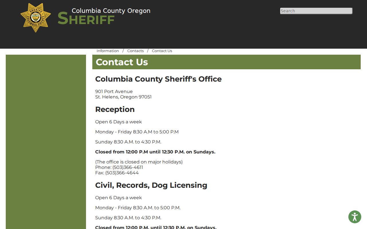 Columbia County arrest search sheriff records contact