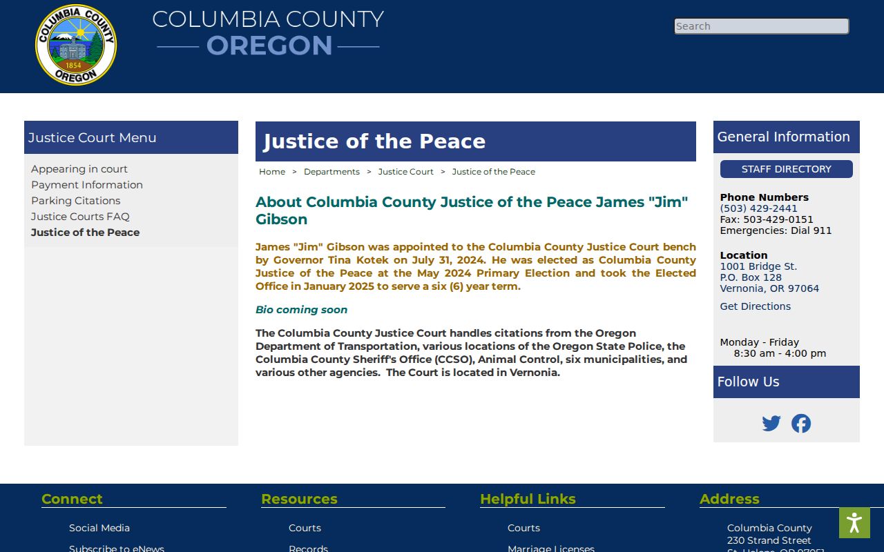 Columbia County Justice Court information