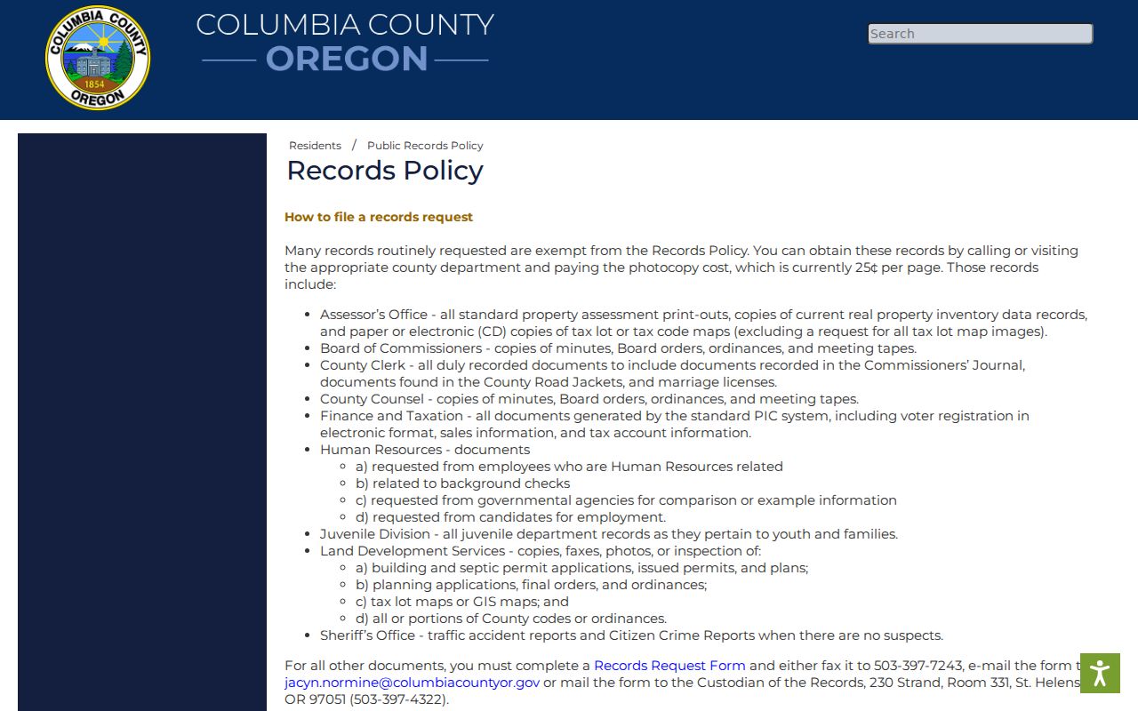 Columbia County public records policy page