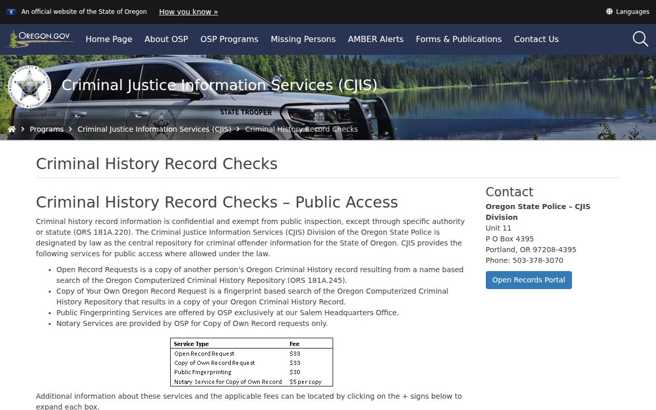 Oregon State Police criminal history services page