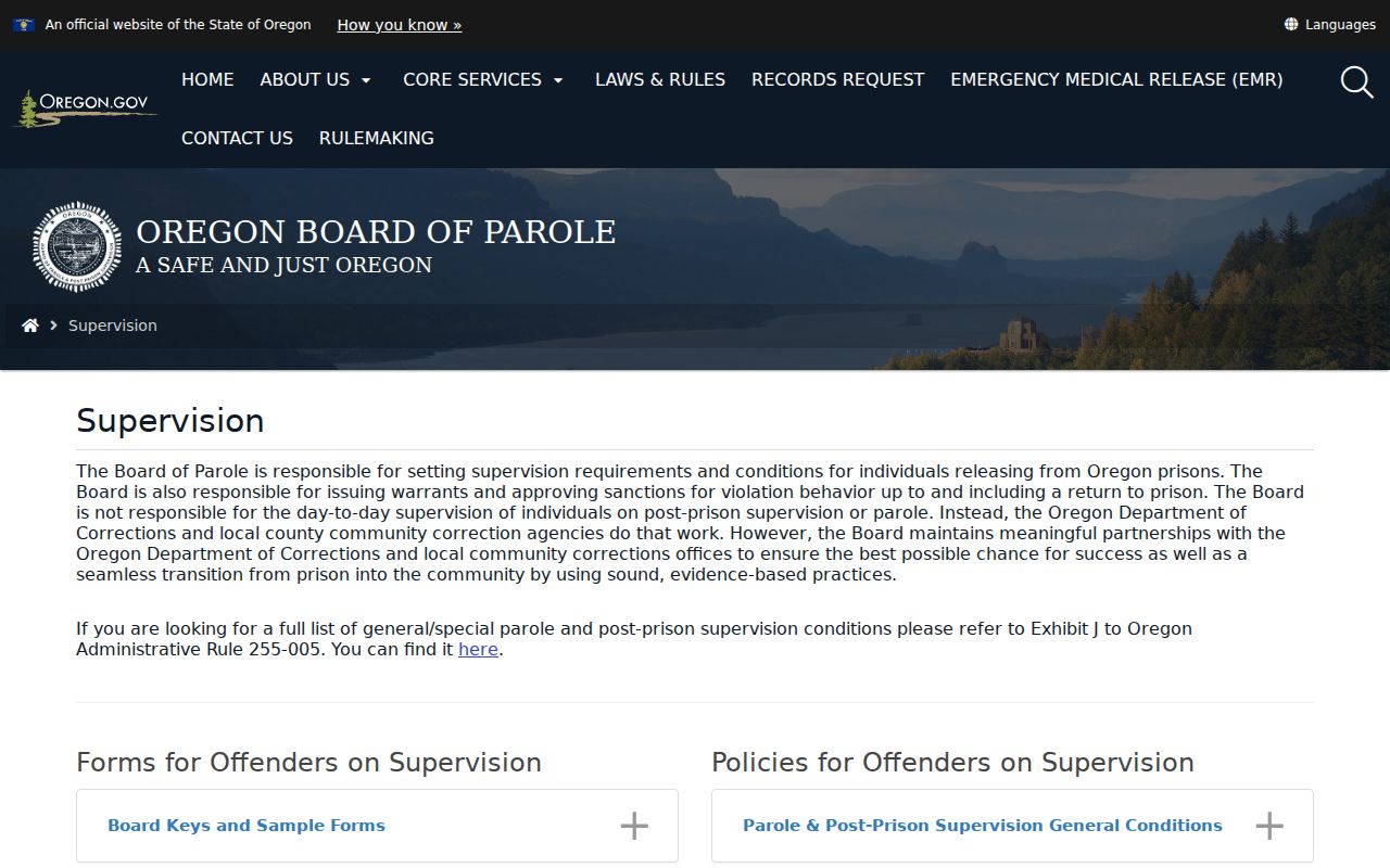 Oregon parole and post-prison supervision information