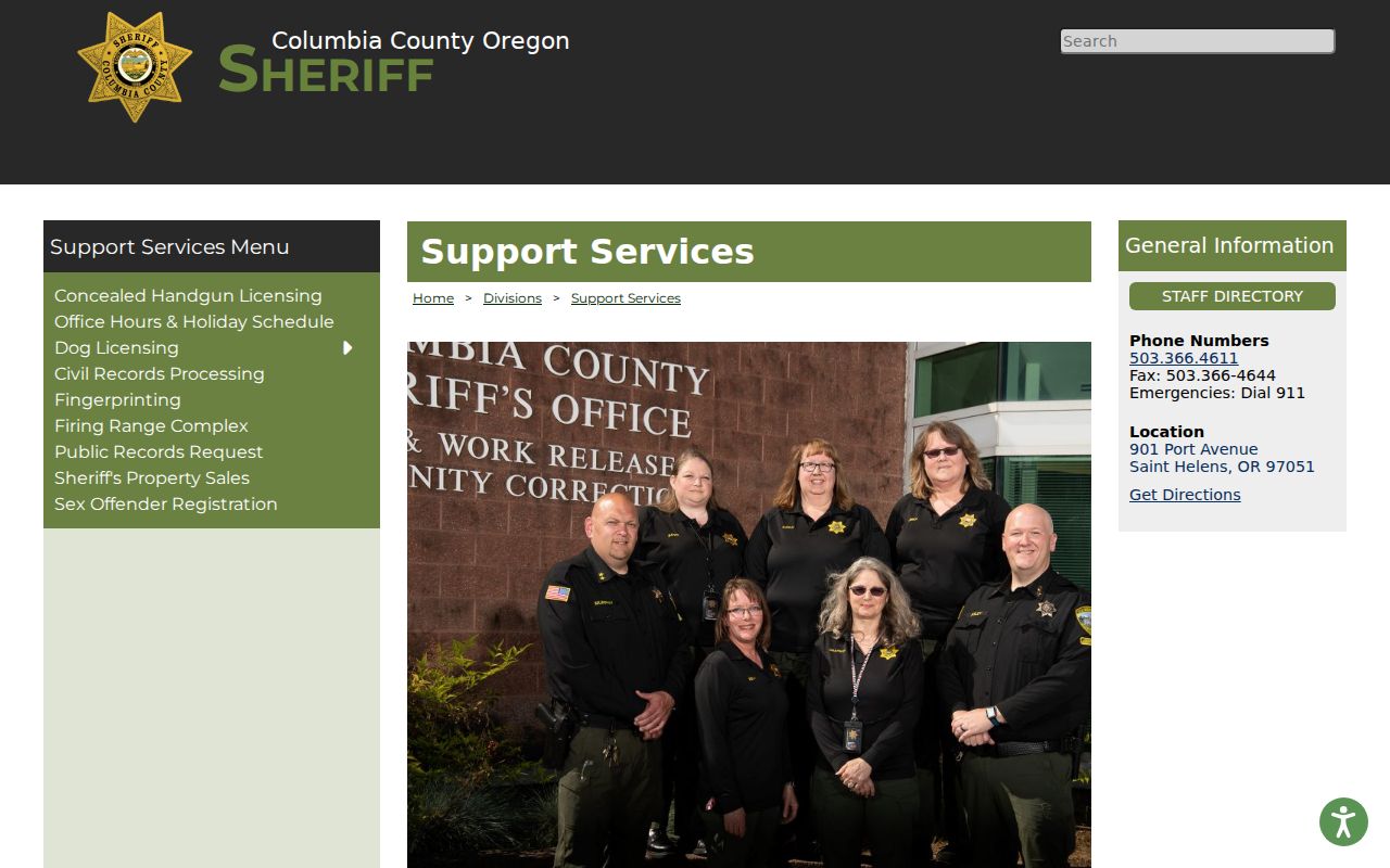 Columbia County Sheriff Support Services information