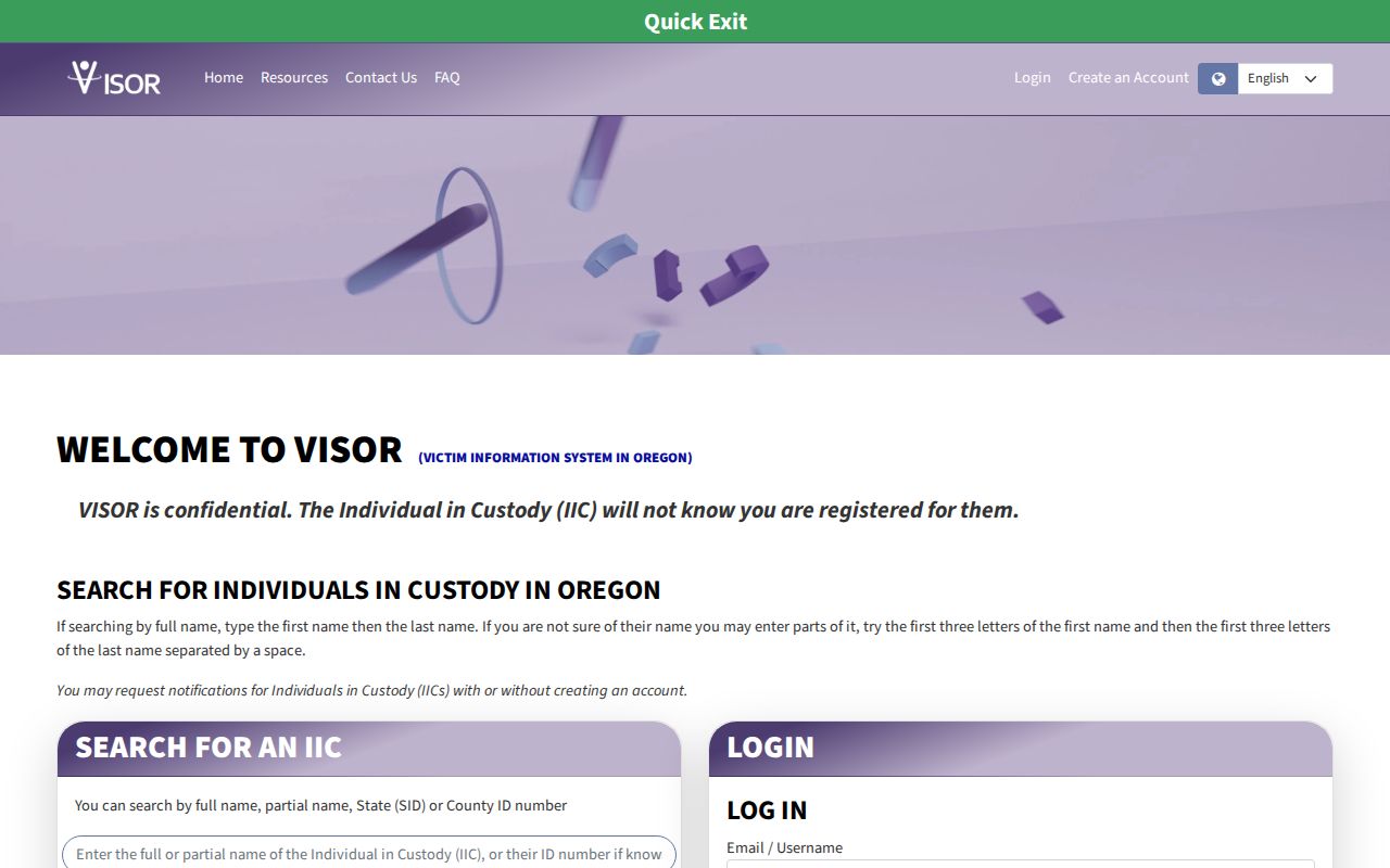 VISOR Oregon custody and notification search